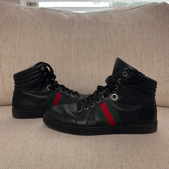 Gucci | Shoes | Gucci Black Hightop Sneakers With Red And  display picture 2